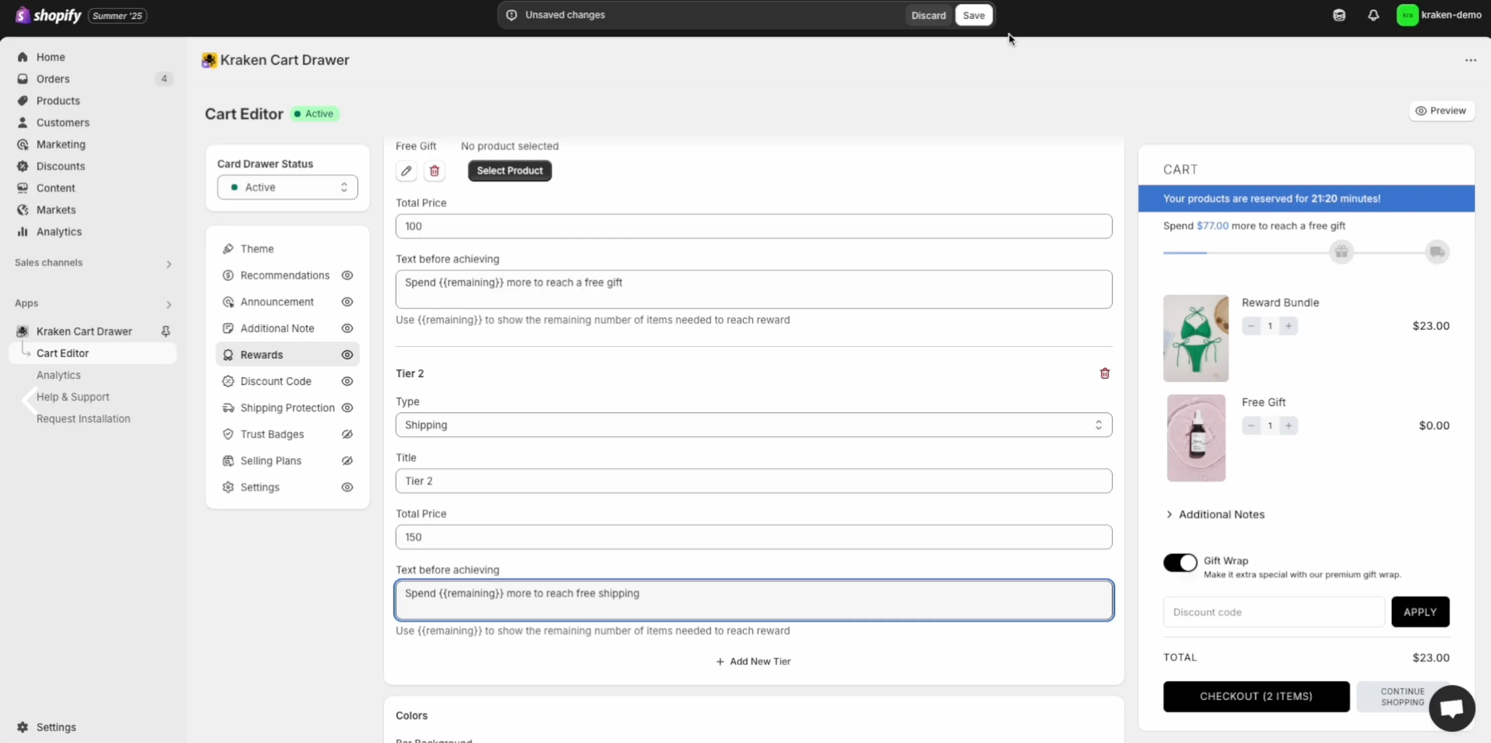 Setting up a “Shipping” reward tier with the $150 threshold