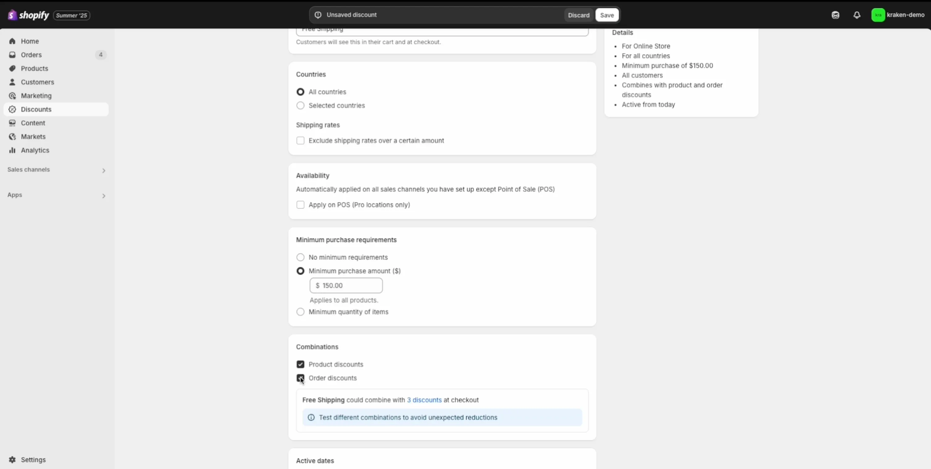 Configuring the Free Shipping discount with a $150 minimum