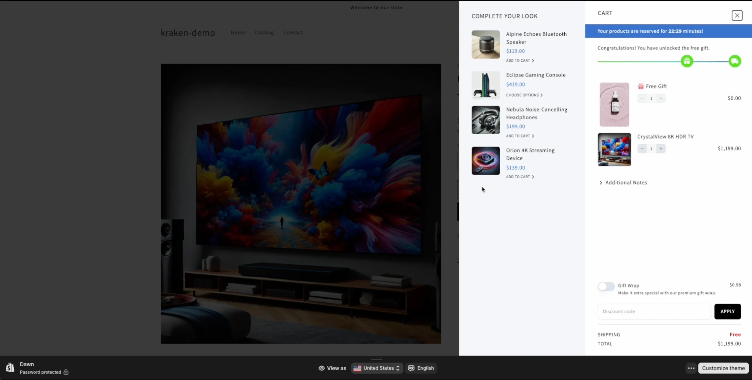 Kraken Cart Drawer displaying the “Free Shipping” reward in the progress bar